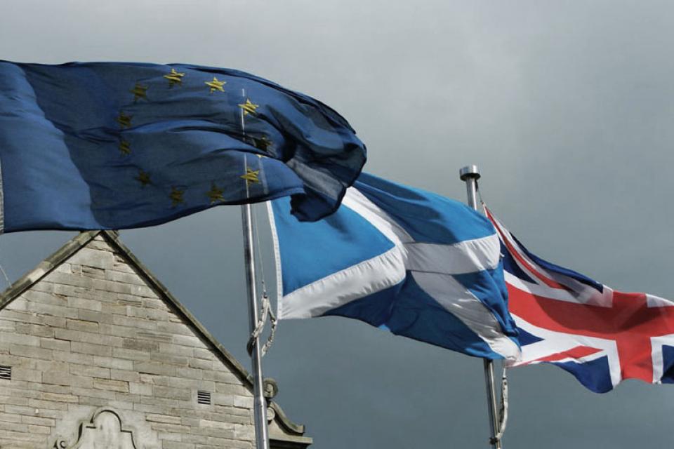 EU, Scotland and UK flags