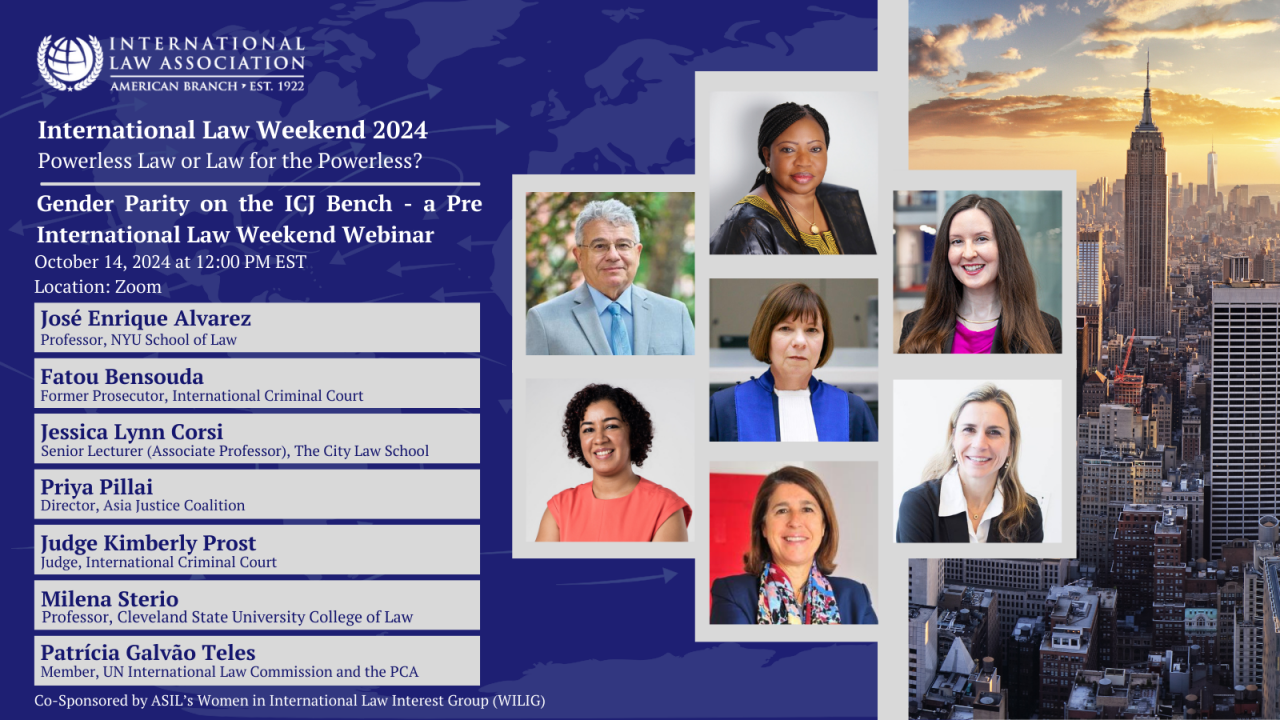 This image features headshots of everyone who will be speaking at the event. This includes, Jose Enrique Alvarez, Fatou Bensouda, Priya Pillai, Judge Kimberly Prost, Milena Sterio and Patricia Galvao Teles