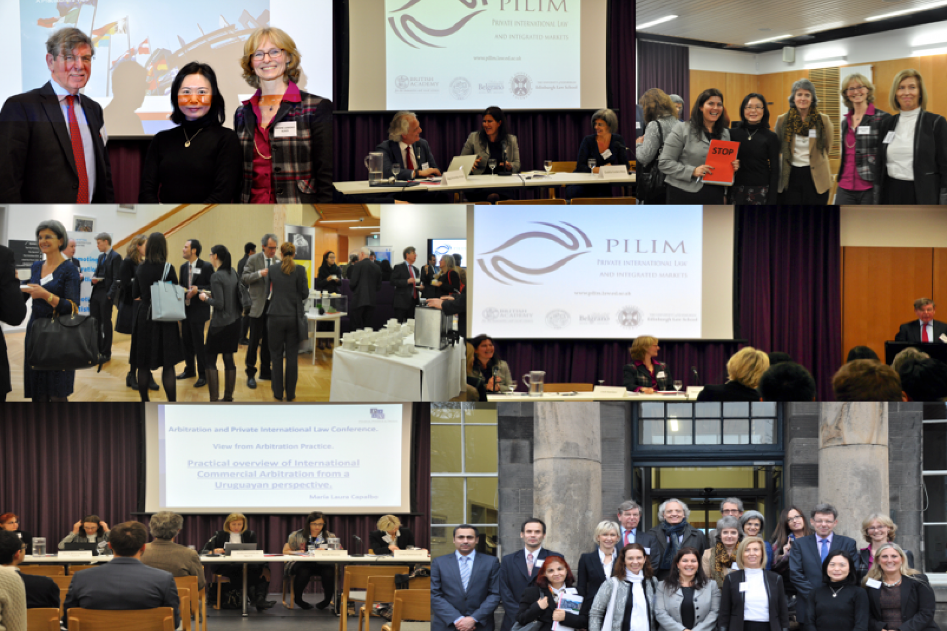 top left: The Rt. Hon. Lord Hamilton with Prof. Sophia Tang and Dr. Simone Lamont-Black; top centre: the Keynote Debate; top left: Dr. Veronica Ruiz Abou-Nigm with Prof. Sophia Tang, Prof. Yvonne Baatz, Dr. Simone Lamont-Black and Prof. Cecilia Fresnedo de Aguirre; centre left: ongoing discussions during coffee break; centre left: The Rt. Hon. Lord Hamilton delivering his presentation during session one; bottom left: the session 2 panelists; bottom right: some of the conference speakers outside the EECI