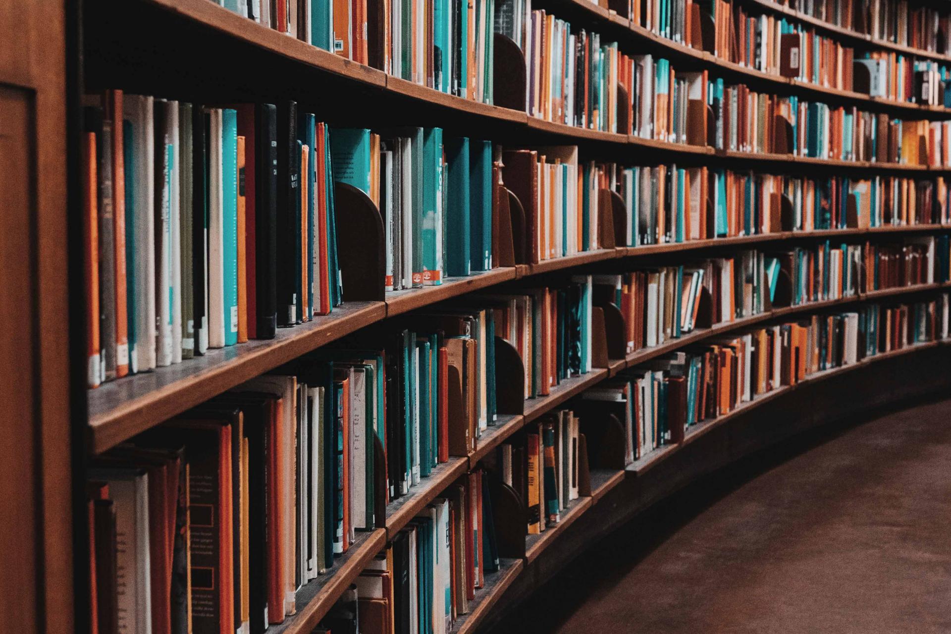 Library books on curved wall
