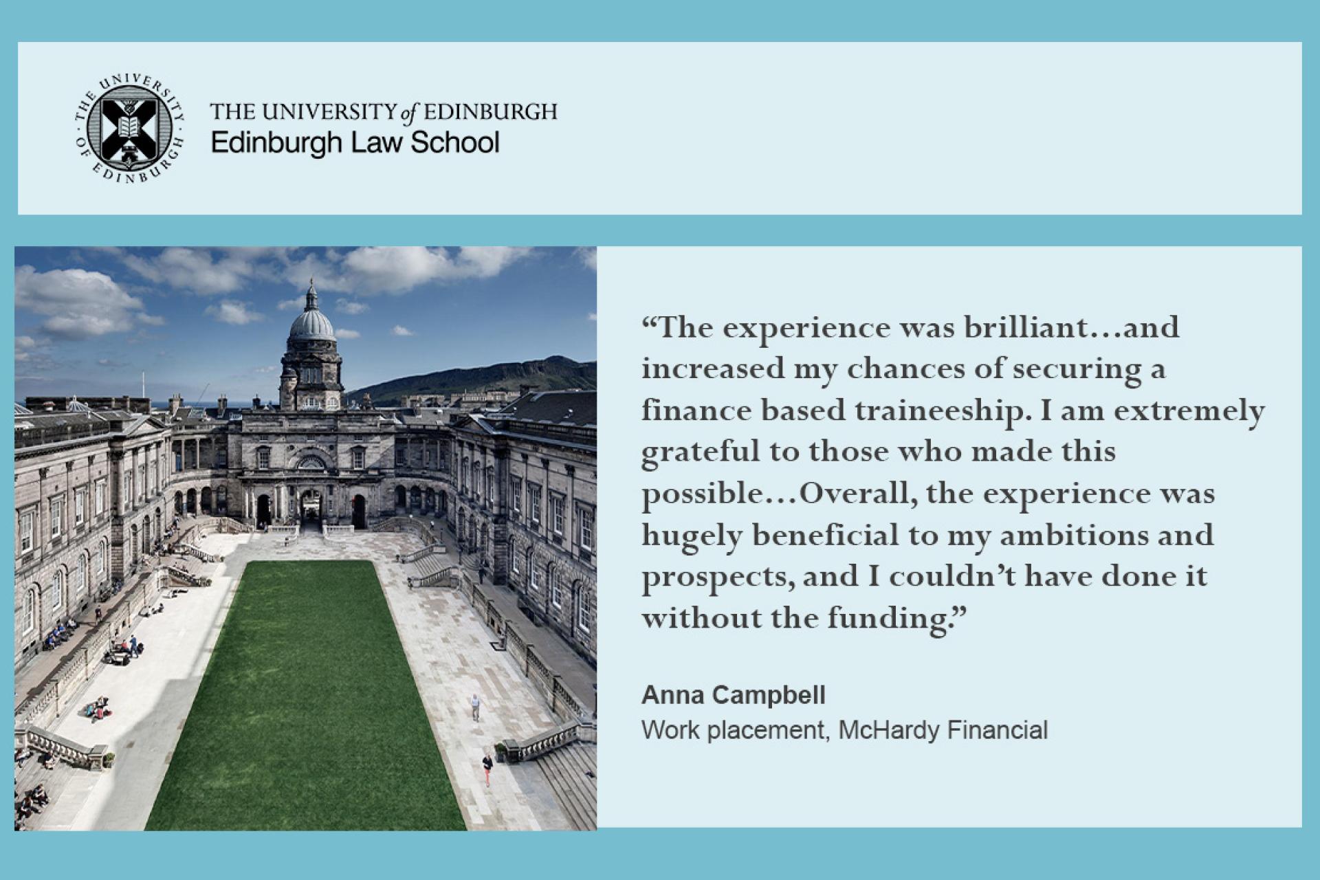 Anna Campbell's quote: "This experience was brilliant, and I helped broaden my experience, and increase my chances for securing a finance based traineeship"