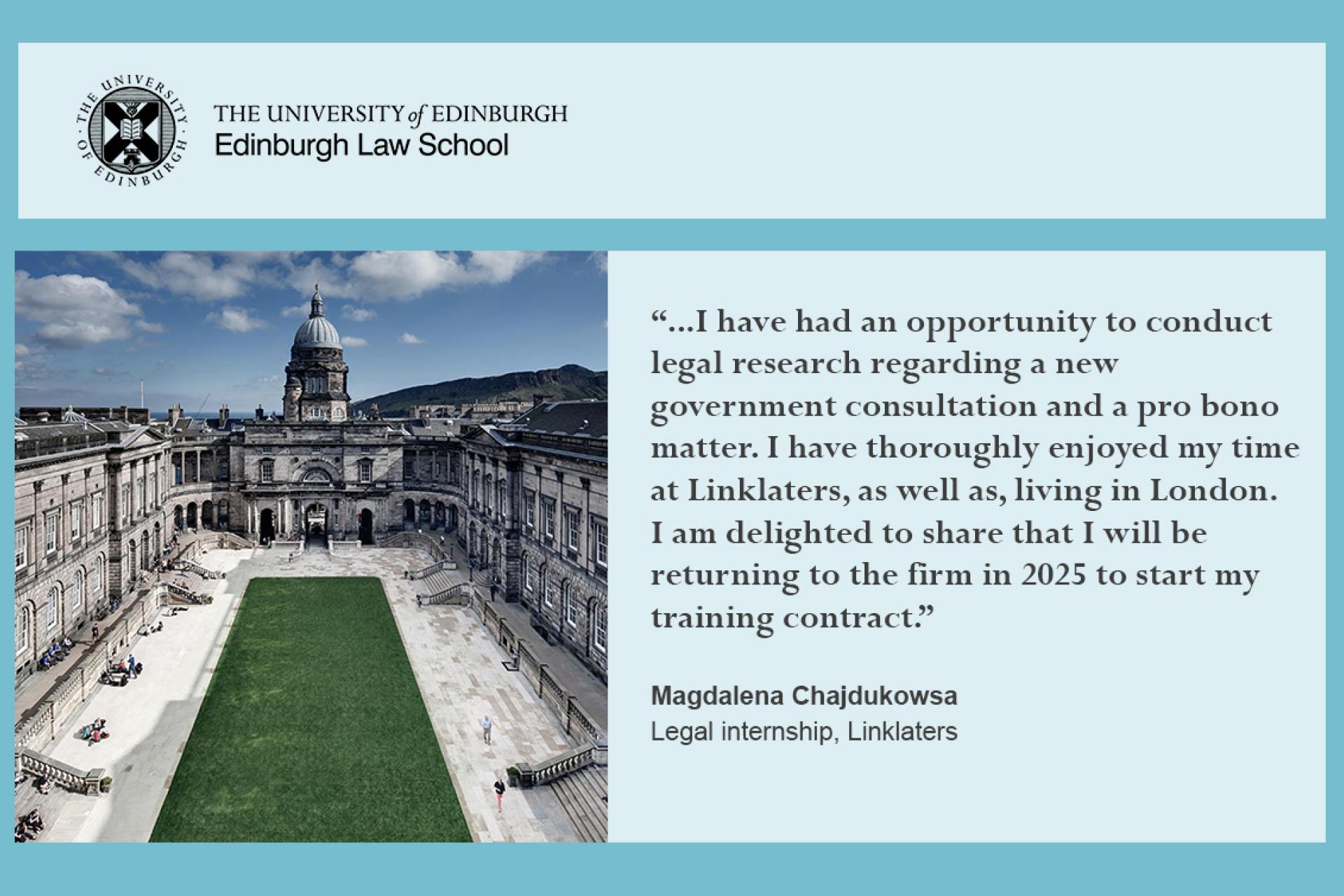 Magdalena Chajdukowska quote, '...I had an opportunity to conduct legal research regarding to new government consultation and a pro bono matter. I have thoroughly enjoyed my time at Linklaters, as well as, living in London.'