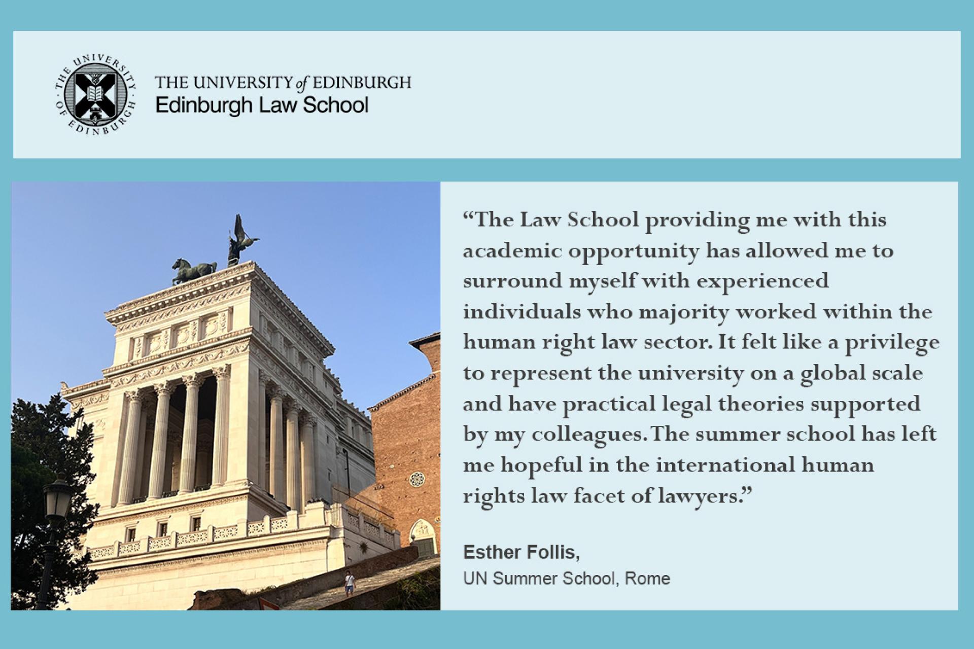 The Law School providing me with this academic opportunity has allowed me to surround myself with experienced individuals who majority worked within the human right law sector. It felt like a privilege to represent the university on a global scale and have practical legal theories supported by my colleagues. The summer school has left me hopeful in the international human rights law facet of lawyers.