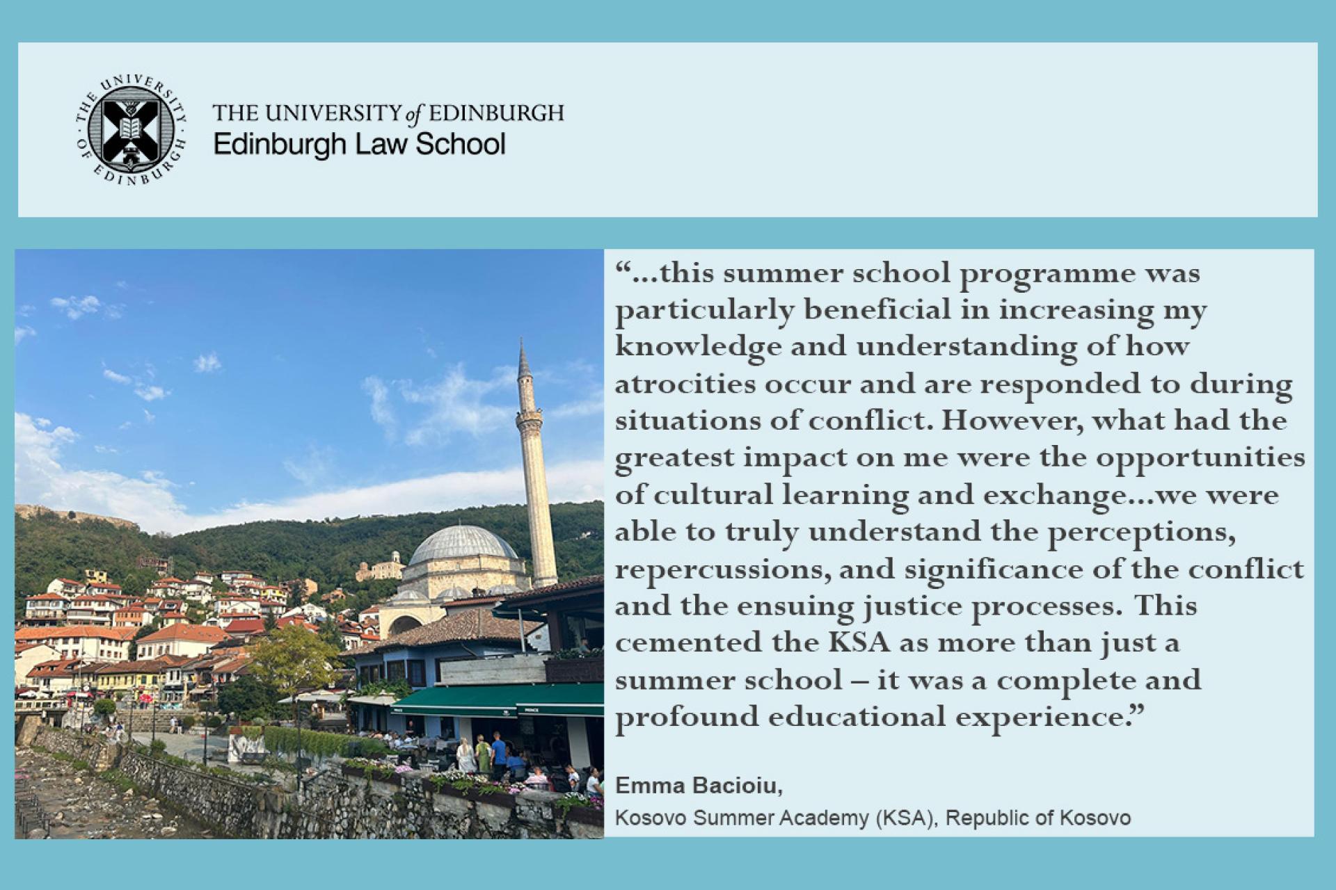 Quote from Emma about her experience: this summer school programme was particularly beneficial in increasing my knowledge and understanding of how atrocities occur and are responded to during situations of conflict.