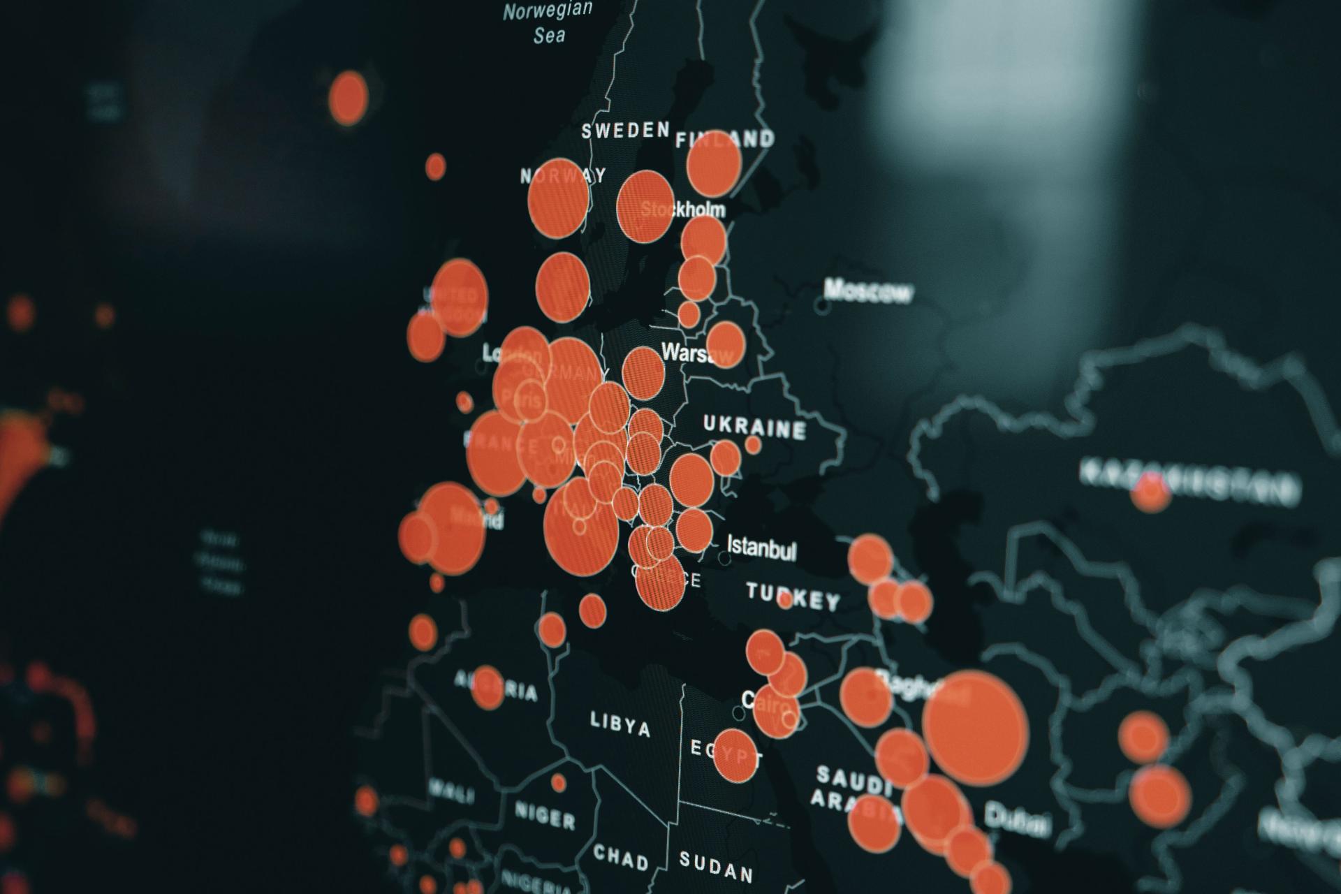 a map with different sized red dots on top