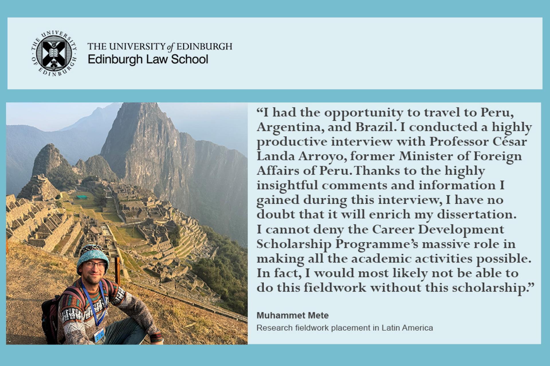 Muhammet Mete's experience: I had the opportunity to travel to Peru, Argentina, and Brazil. I conducted a highly productive interview with Professor César Landa Arroyo, former Minister of Foreign Affairs. Thanks to the highly insightful comments and information I gained during this interview, I have no doubt that it will enrich my dissertation.