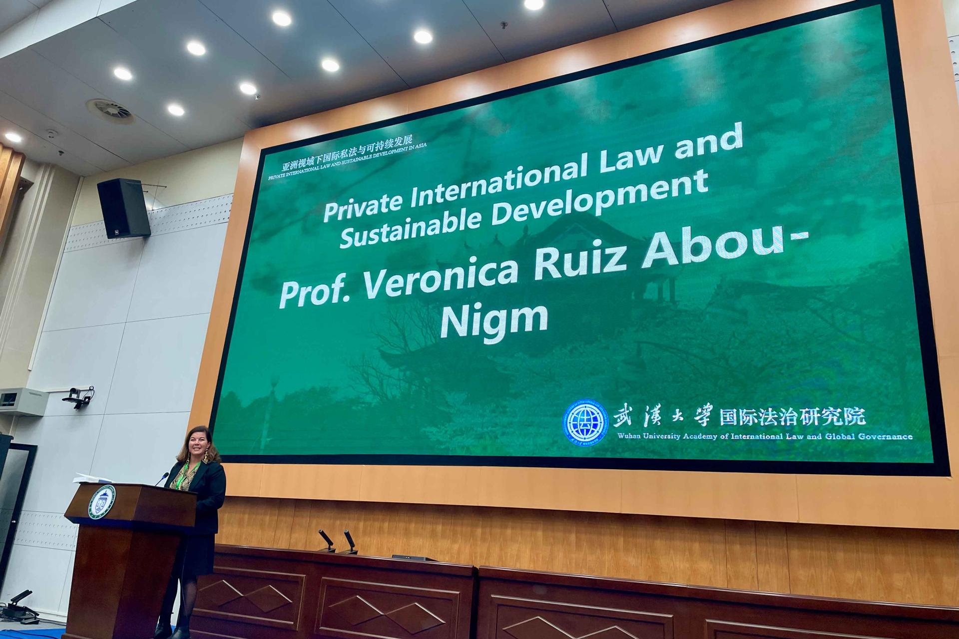 Veronica giving a lecture at Wuhan University