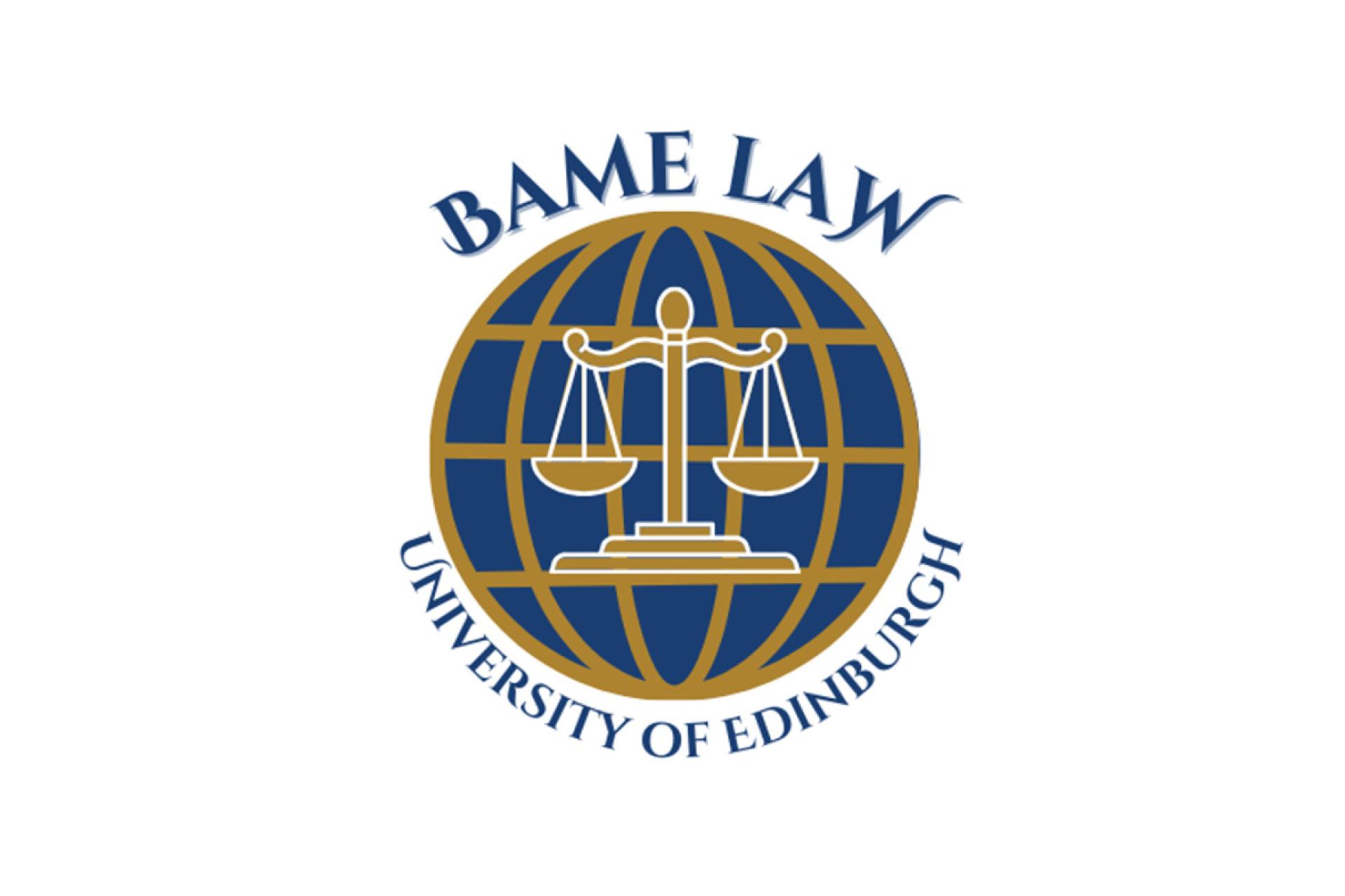 BAME logo - blue globe with gold scales of justice