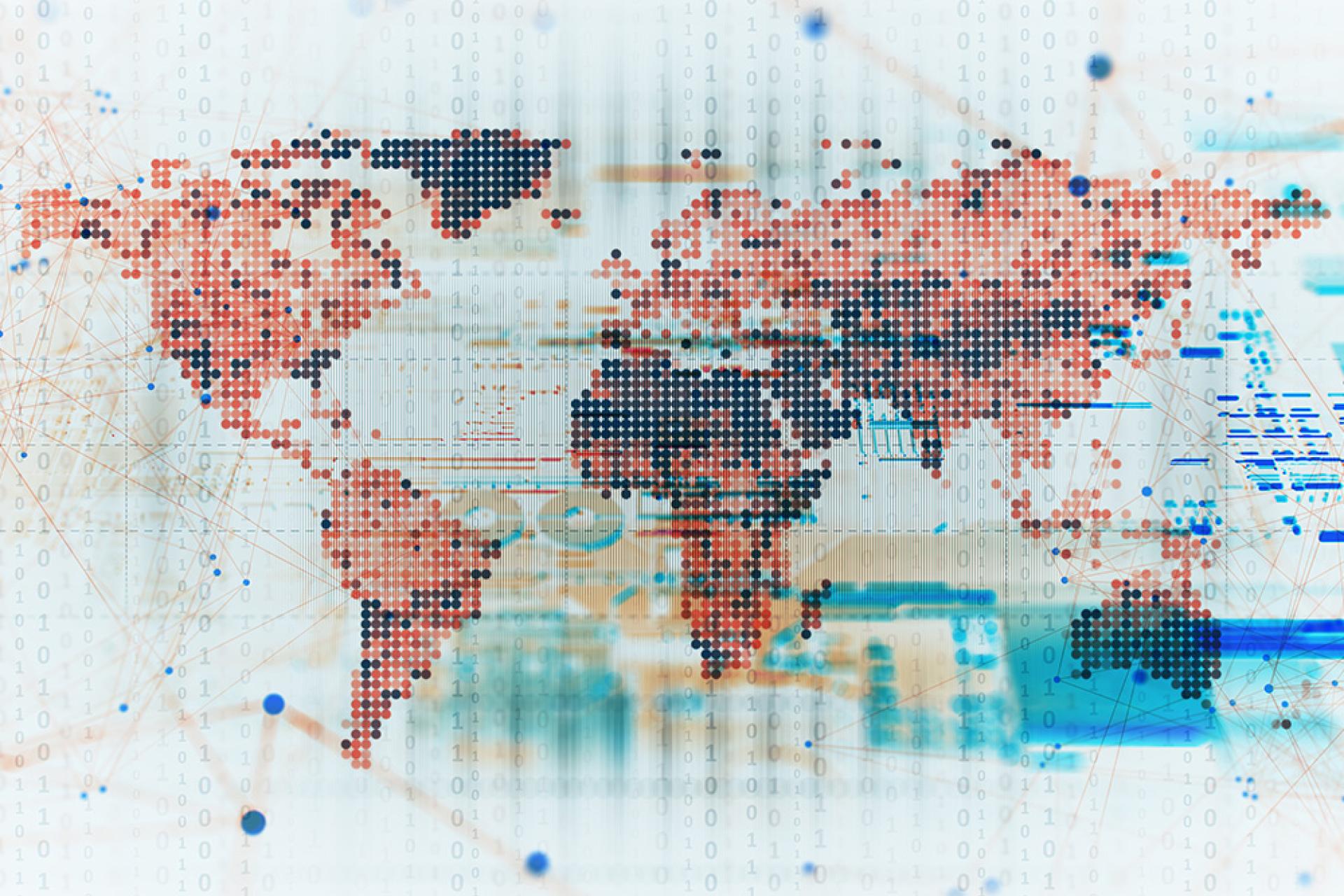 a map of the world made up of small red and blue dots