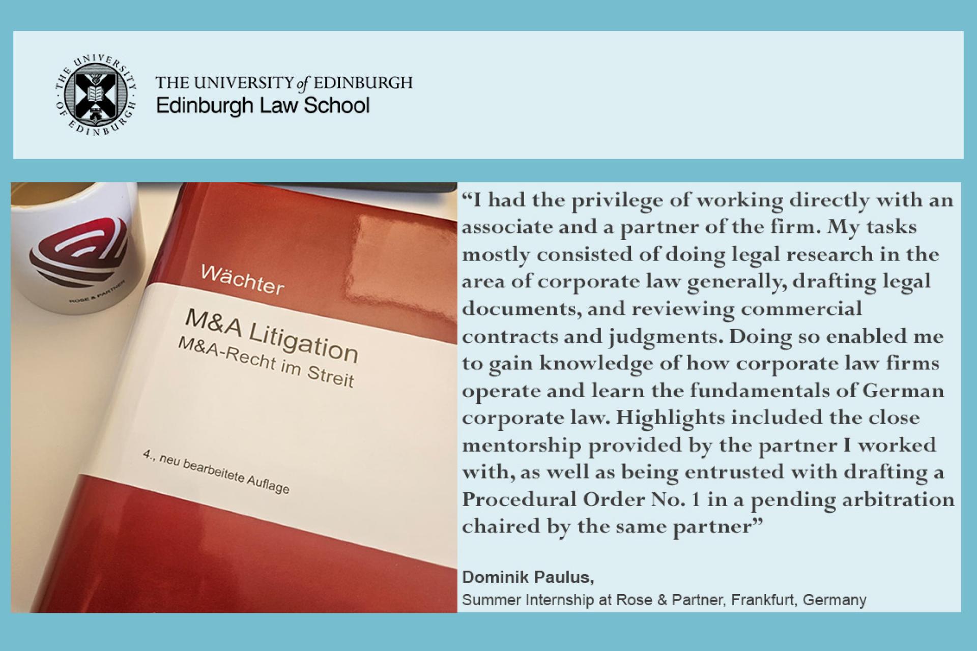 I had the privilege of working directly with an associate and a partner of the firm. My tasks mostly consisted of doing legal research in the area of corporate law generally, drafting legal documents, and reviewing commercial contracts and judgments. Doing so enabled me to gain knowledge of how corporate law firms operate and learn the fundamentals of German corporate law. Highlights included the close mentorship provided by the partner I worked with, as well as being entrusted with drafting a Procedural Or