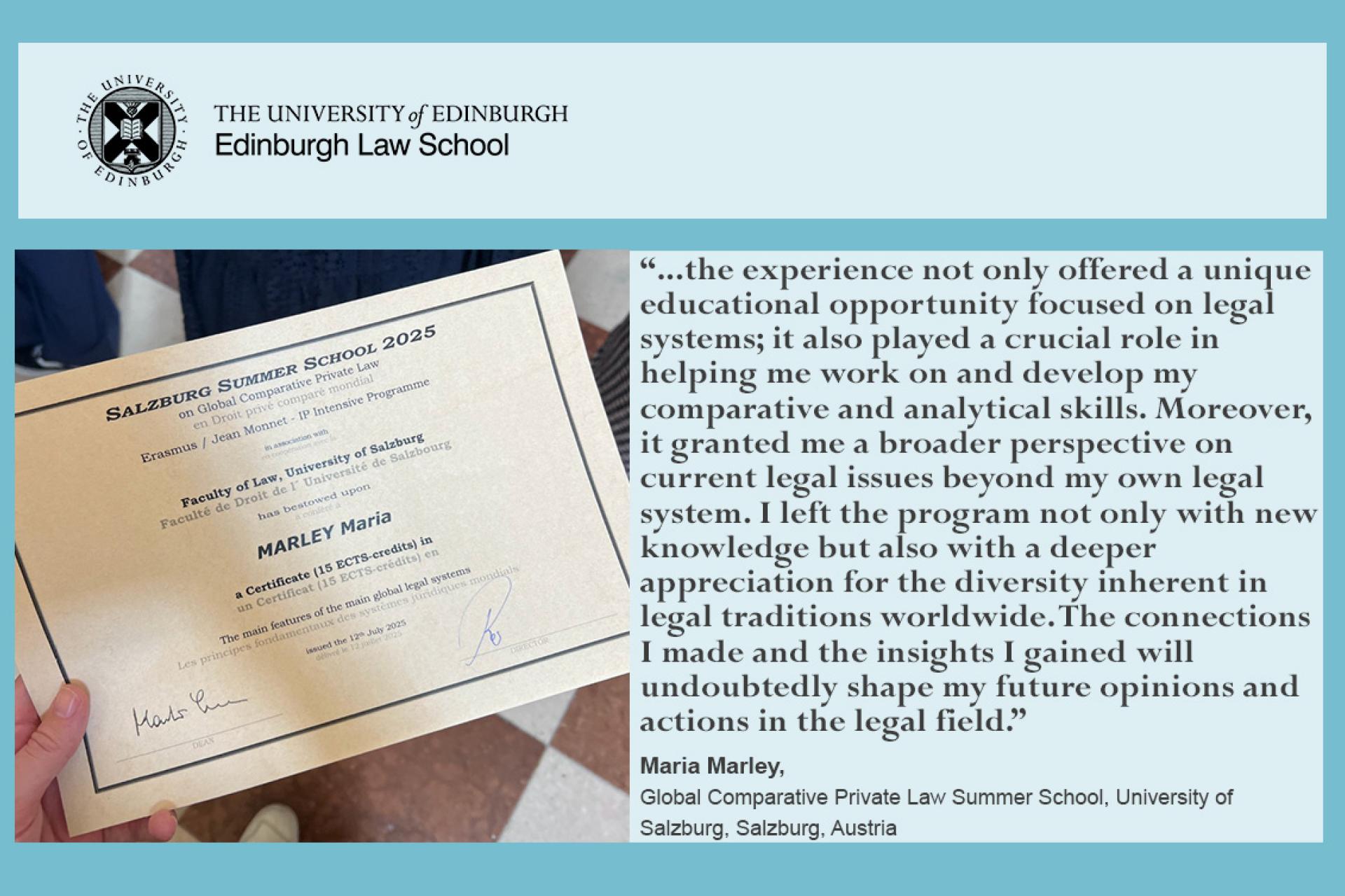 ...the experience not only offered a unique educational opportunity focused on legal systems; it also played a crucial role in helping me work on and develop my comparative and analytical skills. Moreover, it granted me a broader perspective on current legal issues beyond my own legal system. I left the program not only with new knowledge but also with a deeper appreciation for the diversity inherent in legal traditions worldwide. The connections I made and the insights I gained will undoubtedly shape my fu