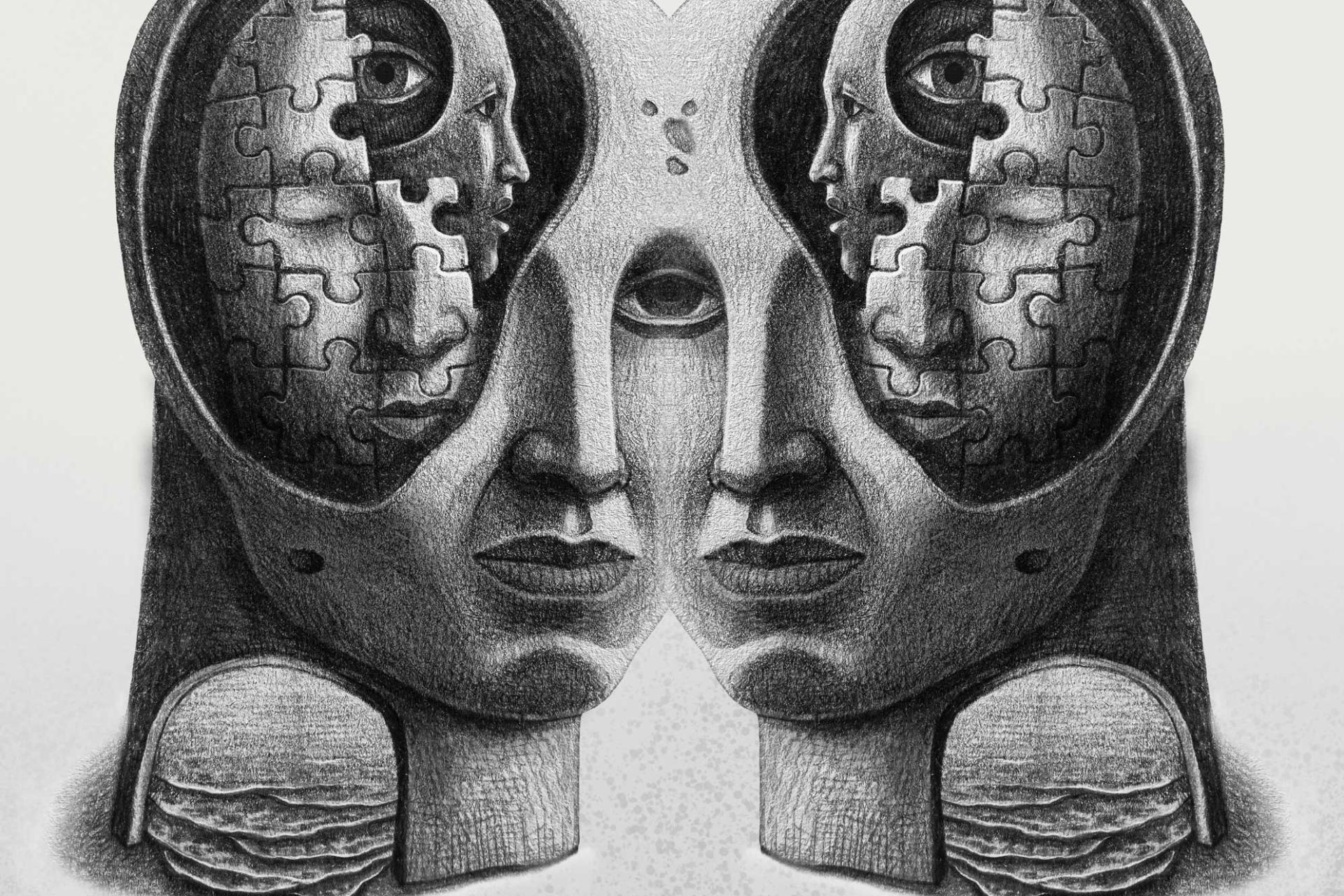 a drawing of two profiles side by side with each showing puzzle pieces within